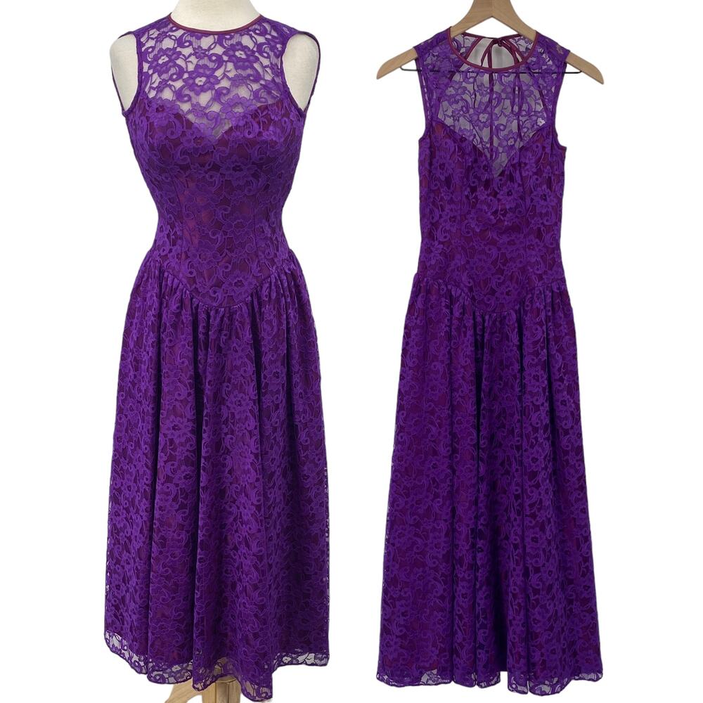 Vintage 80s Maxi Lace Dress Open Back Halter Fit & Flare Sleeveless Purple XS